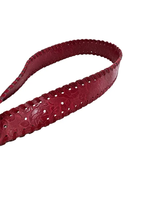 Red Floral Embossed Leather Belt Whipstitch Edges Silver Buckle Wide - Image 5
