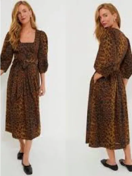 Tuckernuck Leopard Graciela Dress Womens 6 Brown NWT Square Neck Puff Sleeve - Image 2