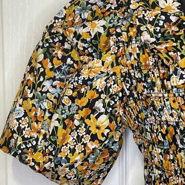 NWT Plunge Smocked Cotton Floral Mini Dress Yellow Black Blue XS - Image 4