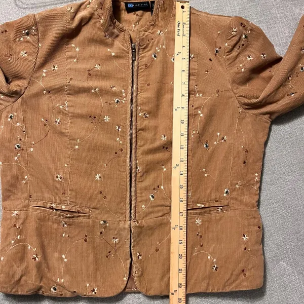 Relativity Womens Corduroy‎ Embroidered Floral Jacket Tan Zip Up Stand Collar - Image 4