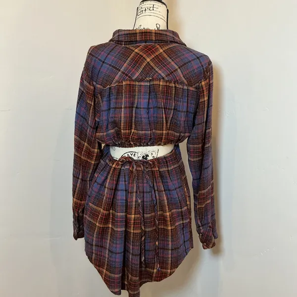 Free People Plaid Mini Dress Blue Orange Back Cutout Tie XS - Image 3