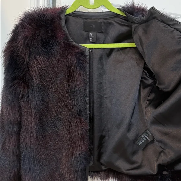H&M Faux Fur Burgundy + Navy Toned Faux Leather Trim Coat - Image 11