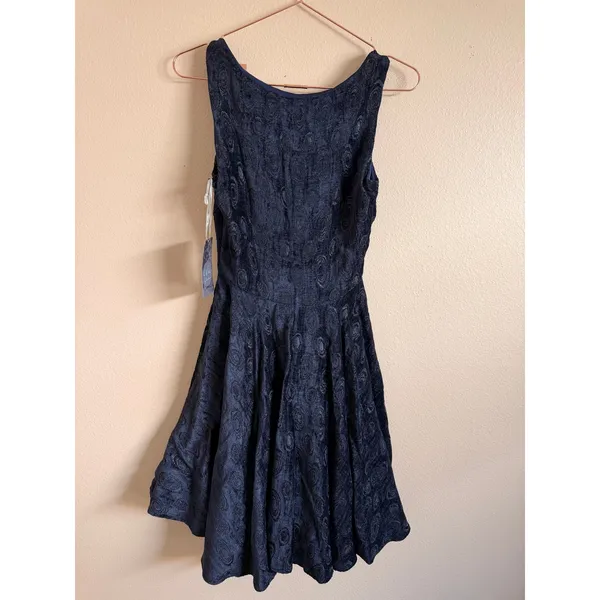 Eva‎ Franco Dress Size 4 Navy Kier Jacquard V-Neck Fit Flare Cocktail JQ373 - Image 8