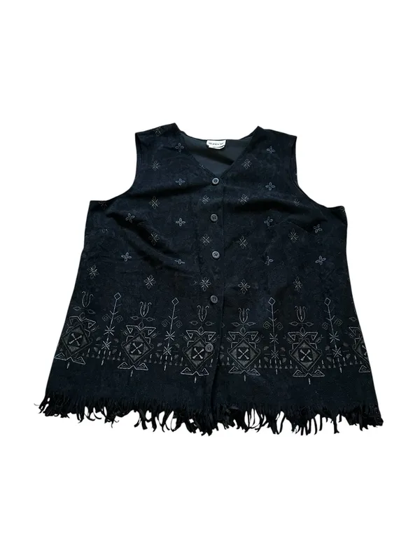 Vintage Black Faux Suede Vest Fringe Hem Embroidered Boho Western Festival - Image 7