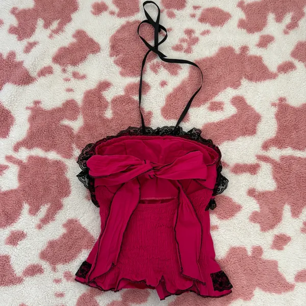 Strapless Hot Pink & Black Lace Ruffled Bustier Top — Padded Wireless Corset Camisole with Front Lace-Up (S) - Image 3
