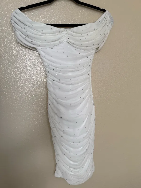 Windsor White Rhinestone Ruched Off Shoulder Bodycon Midi Dress XS NWT Holiday - Image 3