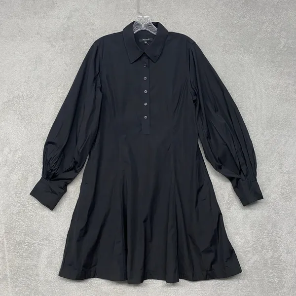Madewell Dress 8 Black Seamed Long Sleeve Mini Poplin Shirtdress Pockets‎ NV025 - Image 3