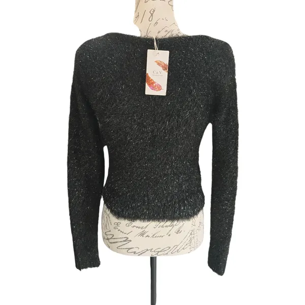 C&V Chelsea Violet NWT Black Sparkle Fuzzy Knit Long Sleeve Cropped Sweater S‎ - Image 5
