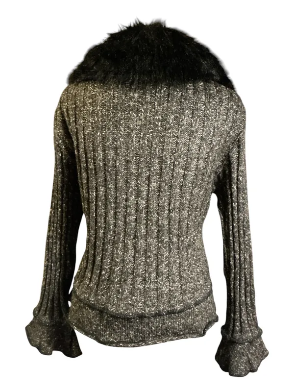 Sioni Women's XL Faux Fur Collar Zip Cable Knit Cardigan Jacket Sweater Gray - Image 2