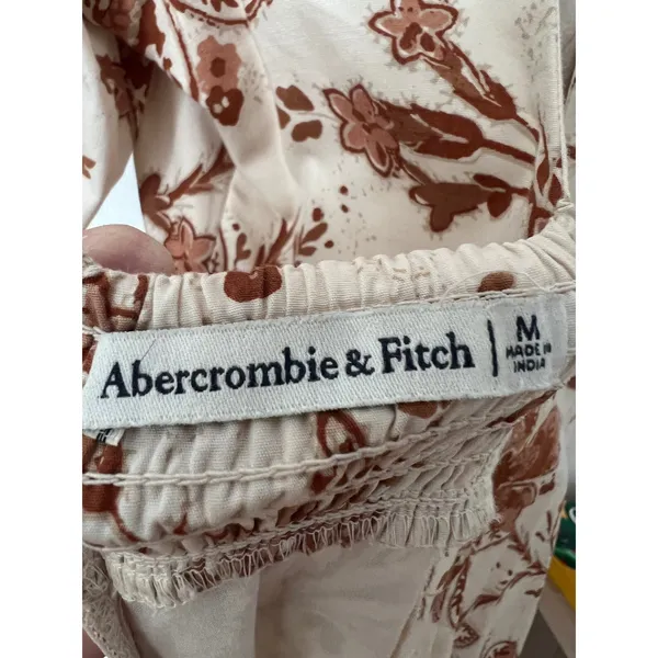 Abercrombie‎ & Fitch Floral Puff Sleeve Slim Poplin Midi Dress Cream Rust Medium - Image 7