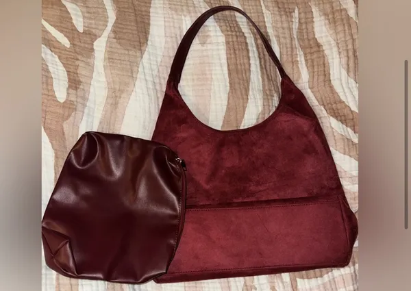 New Faux Suede Slouchy Hobo Bag & Pouch Multiple: Colors: burgundy Faux Suede Bag Faux Leather Pouch Size Measures 14.17x12.2x5.12 Inches No refunds or cancellations - Image 4