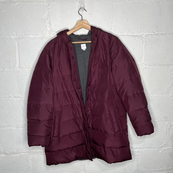 J.Jill Women’s Long Hooded Down Puffer‎ Coat Burgundy Size Large - Image 3