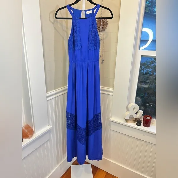 Altard State Royal Blue Crochet Lace Mala Maxi Dress Halter Neck Elastic Waist S - Image 4