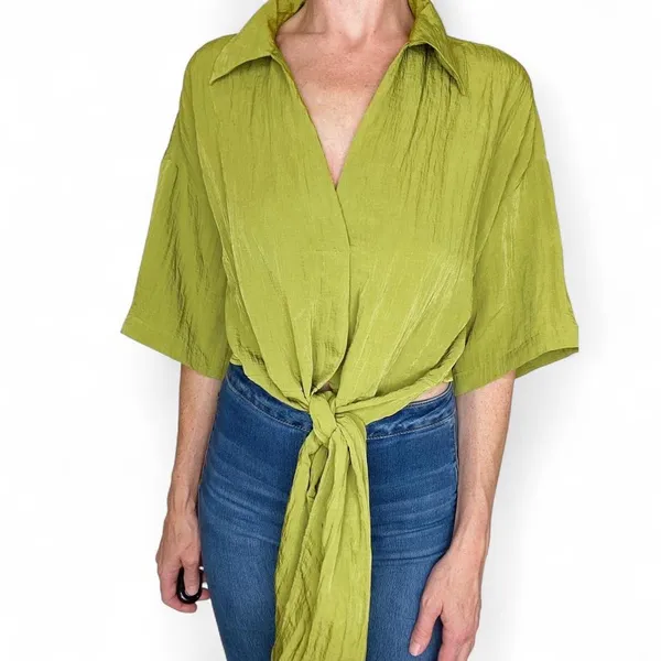 NWT H&M Lime Green Cropped Front Tie Retro Blouse - Image 7