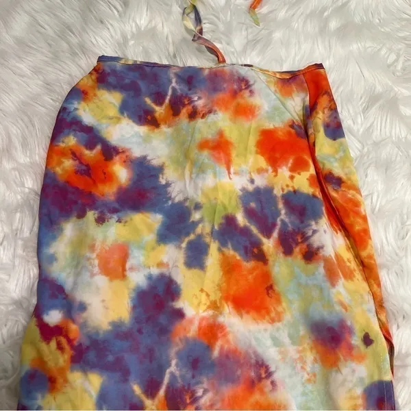 Boohoo Womens Sz 4 Halter Top Mini Dress Yellow Orange Purple Tie Dye Slit Sides - Image 9