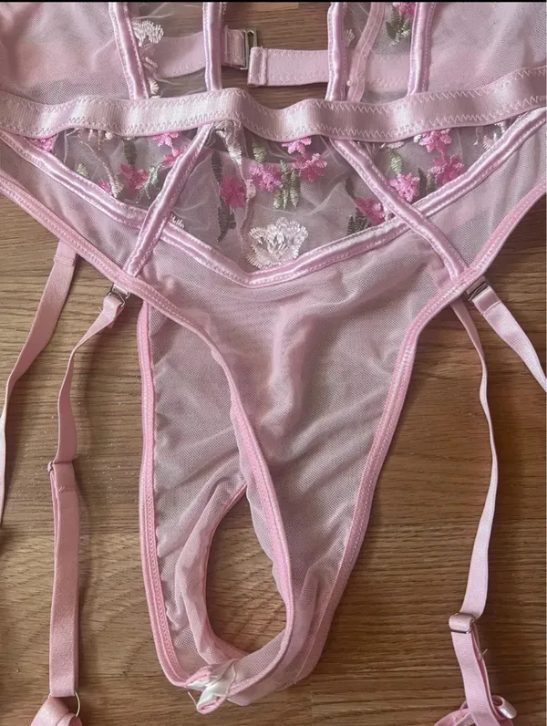 Pink Floral Embroidered Lingerie Bodysuit - Image 3