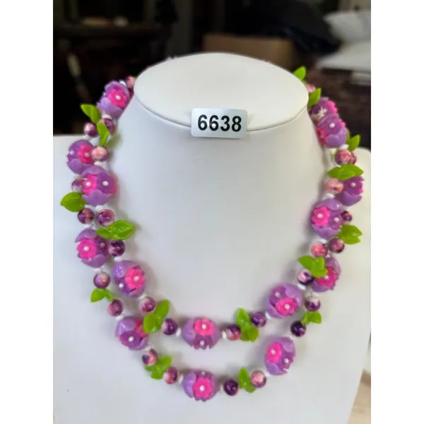 1960's style lucite Purple & Pink Floral Beaded Necklace With Green Leaf Accent - Image 3