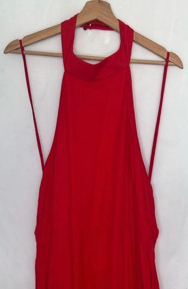 Anthropologie Solid Fringe Halter Maxi Dress Red Size 12 - Image 4