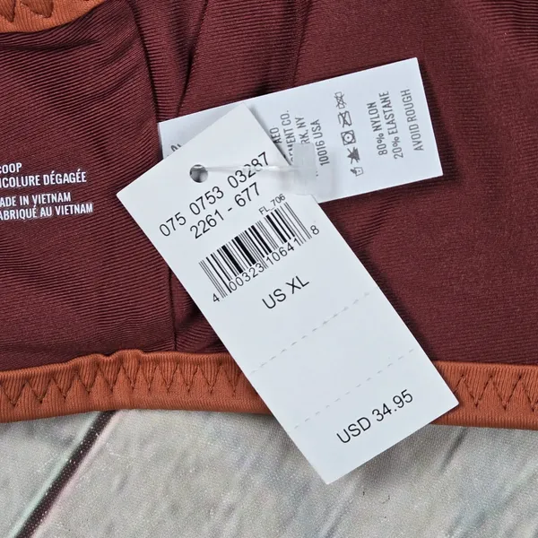 Aerie Scoop Bikini Top Brown Peach Trim V Neck‎ Plunge Size XL - Image 4