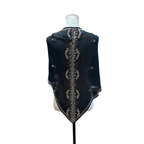Black Embroidered Sheer Scarf Evening Wrap Shawl Gold & White Beaded Detailing - Image 7