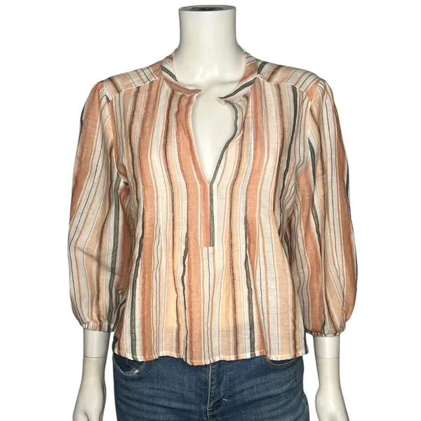 Anthropologie Bishop + Young Coastal Boho Striped Cotton Blouse Orange Cream M - Image 2