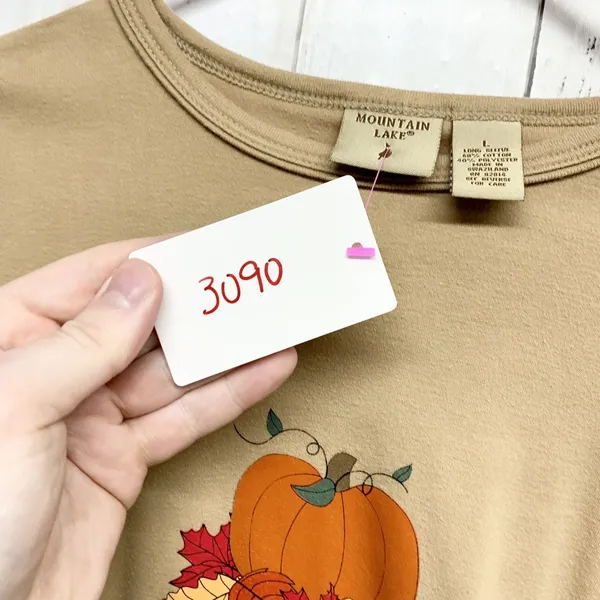 Mountain Lake Shirt Women Large Tan Embroidered Crewneck Long Sleeve Minimalist‎ - Image 4