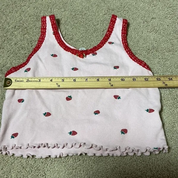 Y2K Pink Strawberry‎ Print Pajama Set Cotton Lace Trim Lettuce Edge Small - Image 3