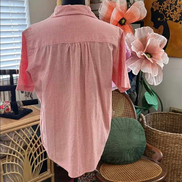 Vintage 90s Casey & Max Orange Gingham Floral Embroidery Preppy Button Up Blouse - Image 2