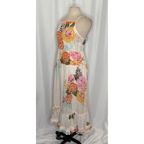 Anthropologie‎ FARM RIO Havana Floral Dress Midi Pom Poms Vacation Large Petite - Image 6