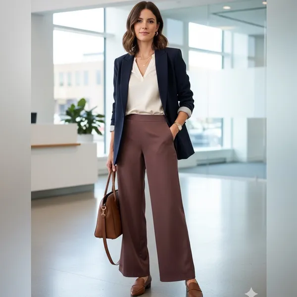 Forever 21 Chocolate Brown Wide Leg High Rise Pants‎ Elastic Waist Minimalist S - Image 3