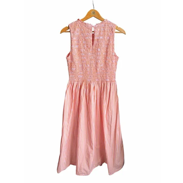 LOFT Striped Poplin Midi Dress Women’s M Pink Orange Sleeveless Smocked Preppy - Image 4