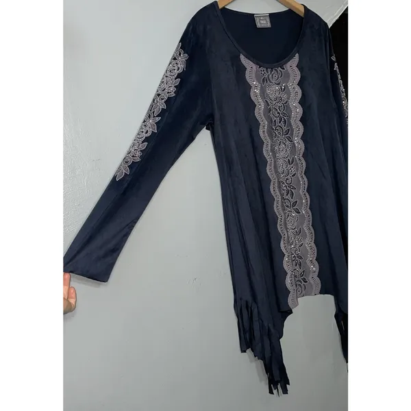 Vocal Tunic Top Size XL Gray Faux Suede Fringed Silver Studded Whimsigoth Punk - Image 2