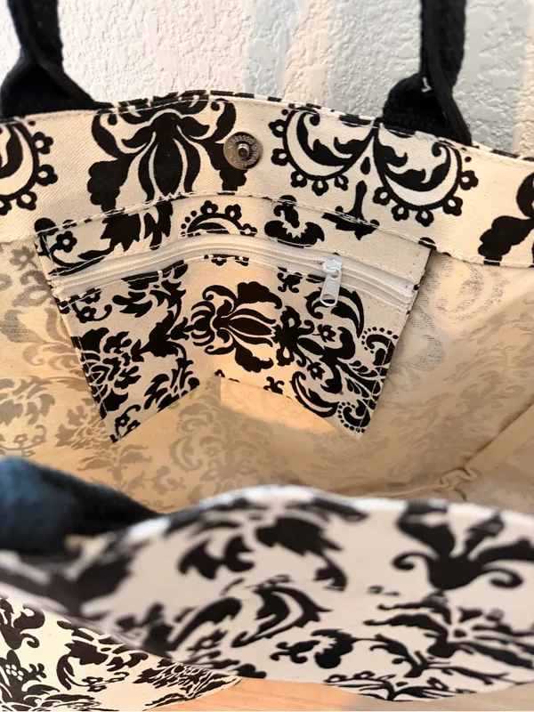 Canvas Damask Tote Bag in Black and Cream - Image 9