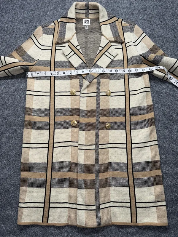 Anne Klein Plaid Double-Breasted Pea Coat in Cream & Tan - Image 5