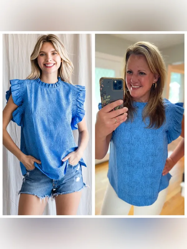 Pinch textured blouse ruffle mock neck short sleeve lucille woven top - Image 4