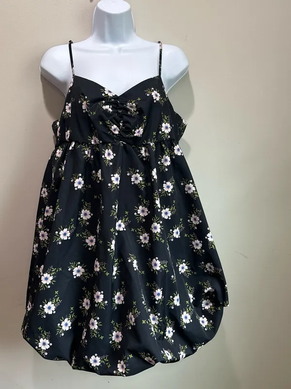 Free People Bubble Black Floral Mini Dress with Lavender & Green Accents - Image 3