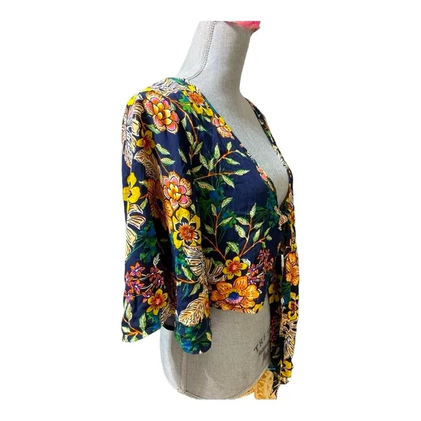 New Look Floral Tie-Front Crop Top Boho Kimono Sleeve Navy Multicolor Size M - Image 4