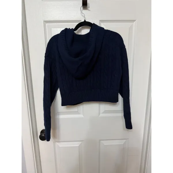 Aritzia Sunday Best Octavia Navy Blue Cable Knit Zip Cropped Hoodie Sweater XS‎ - Image 7