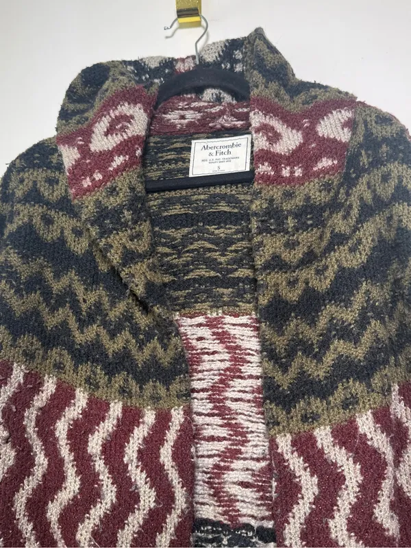 Abercrombie & Fitch Womens Olive, Burgundy Patterned Open Cardigan Sweater Small - Image 2