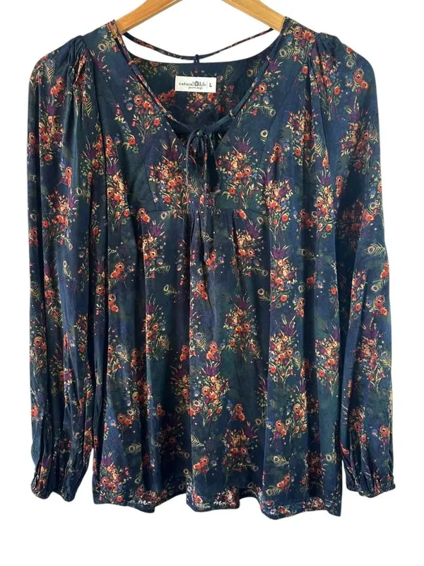 Natural Life Black Floral Boho Peasant Blouse Size Large Rayon Tie Neck Top - Image 2