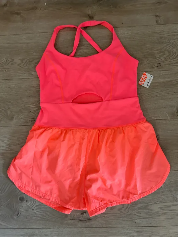FREE PEOPLE Righteous Runsie workout Jumpsuit romper, Pink/Orange, Large, NWT - Image 2