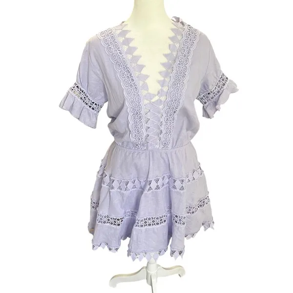 Peixoto Ora Lavender Eyelet Lace Cotton Mini Dress Flutter Sleeve Boho Resort S - Image 2