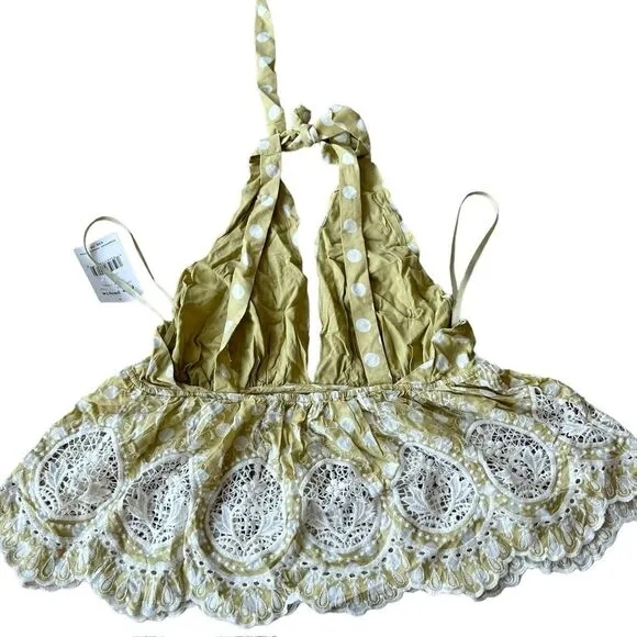 Free People M Lunch‎ Date Yellow Polka Dot Halter Top Citron Plunge Coquette New - Image 4