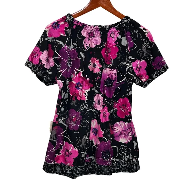 Koi Womens‎ Scrub Top S Black Pink Cottage Floral Nurse Medical Uniform Pockets - Image 2