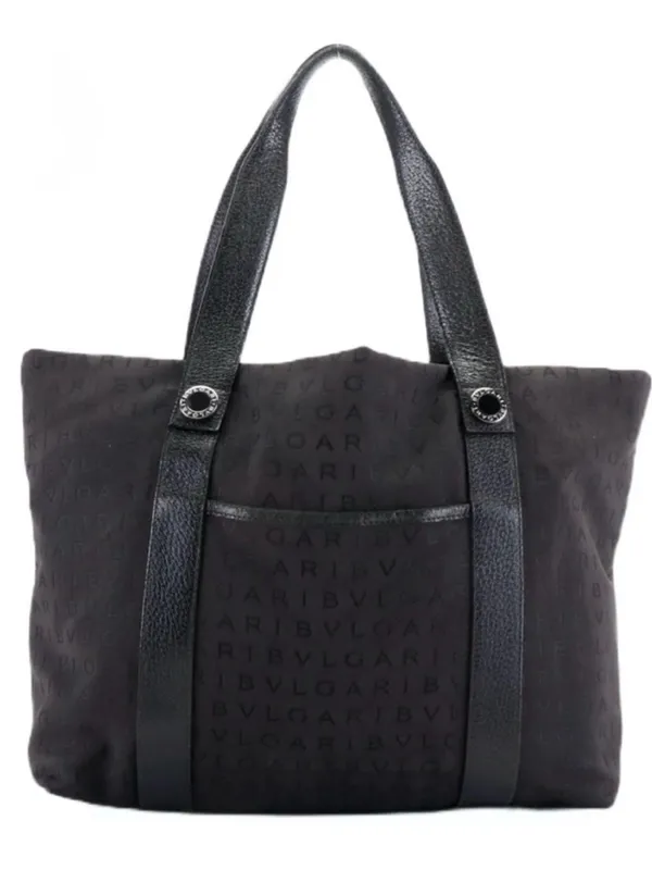 Bvlgari "Logo Mania" Black Signature Print Canvas Tote Bag With Leather Trim - Image 2