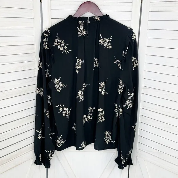 J. Crew Floral Smocked Ruffle Trim Blouse Black‎ Tan Large - Image 8