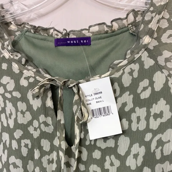 West Kei Olive Green Leopard Print Smocked‎ Midi Dress NWT Small D6625-B - Image 11
