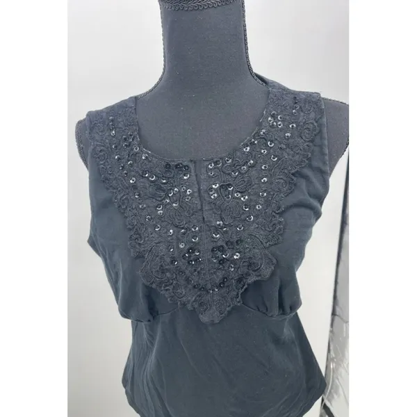 WD NY Black Sleeveless Top with Sequin‎ Lace Embellishment Elegant Evening Wear - Image 3