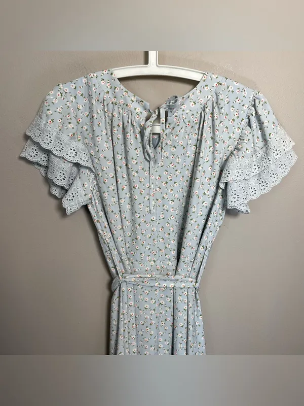 JessaKae Dainty Floral Belted Midi Dress Lace Eyelet Sleeves - Image 6
