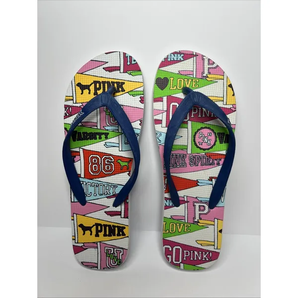 Victoria's Secret PINK Flip Flops Large Collegiate‎ Pennant Love Spirit New - Image 2